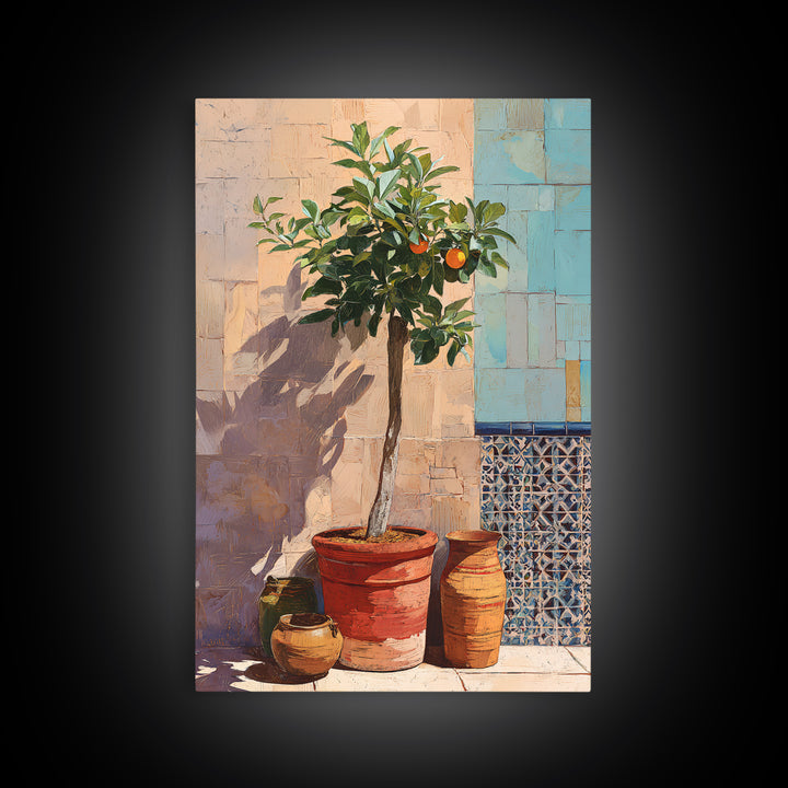 Orange Tree in a Courtyard Planter Framed Canvas Print, Italian Villa Art, Home Decor, Living Room Decor, Fine Art, Villa, IVA-2x3-22