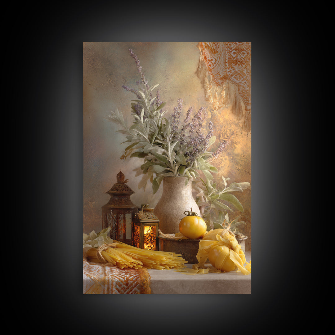 Pasta Herbs and Tomatoes Still Life Canvas Print, Italian Villa Art, Coastal Wall Art, Living Room Decor, Watercolor Art, Villa, IVA-2x3-27