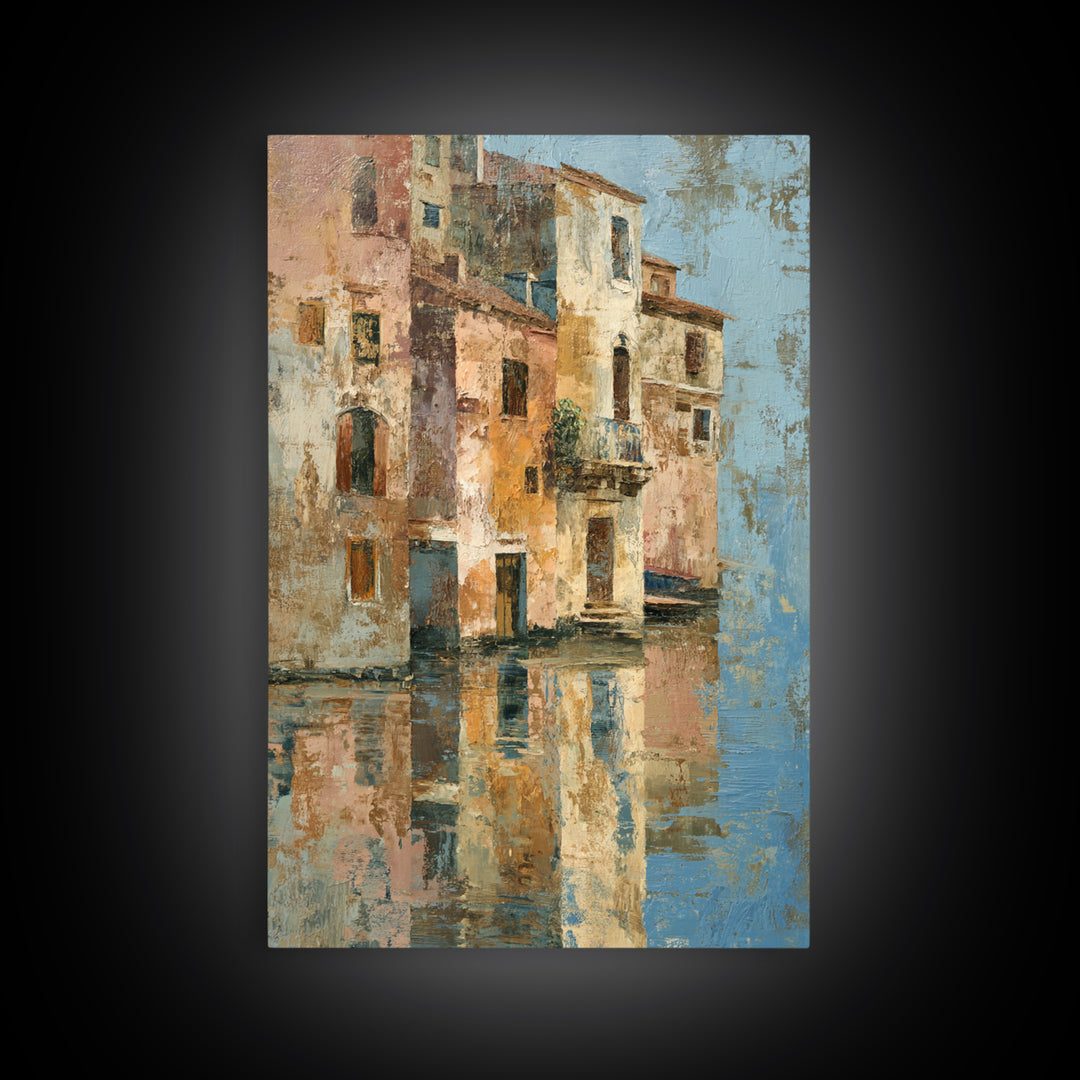 Venetian Canal Reflection Without City Crowd Canvas Print, Italian Villa Art, Textured Painting, Living Room Decor, Villa, IVA-2x3-28