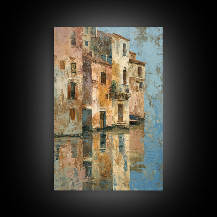 Venetian Canal Reflection Without City Crowd Canvas Print, Italian Villa Art, Textured Painting, Living Room Decor, Villa, IVA-2x3-28