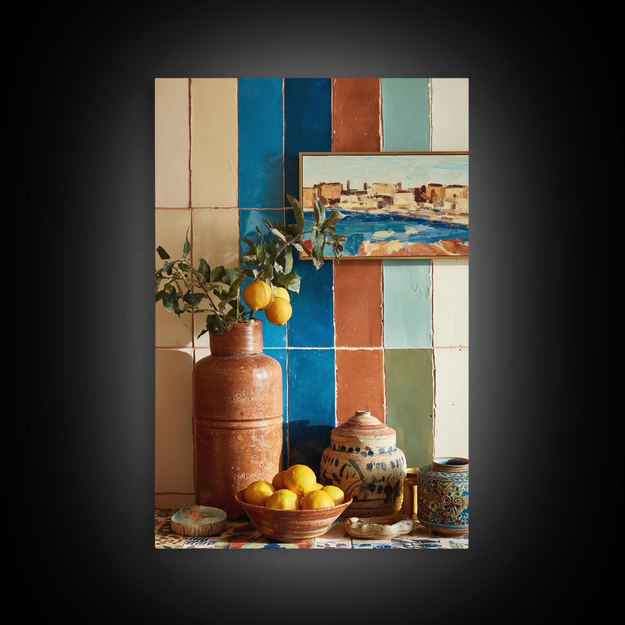 Coastal Lemons and Striped Cloth Arrangement Canvas Print, Italian Villa Art, Living Room Decor, Villa, Living Room Art, IVA-2x3-32