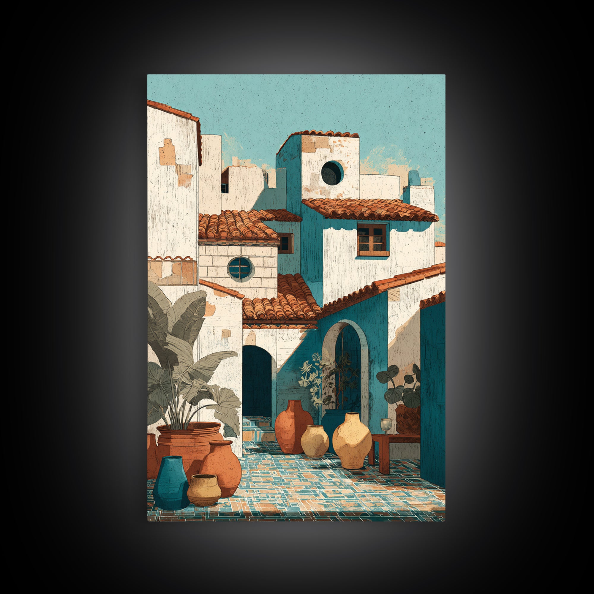 Terracotta Rooftops Against Pale Sky Framed Canvas Print, Italian Villa Art, Digital Wall Art, Living Room Decor, IVA-2x3-36