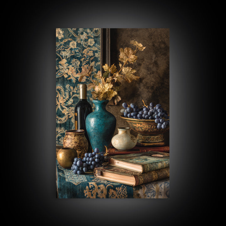 Grapevine and Wine Still Life on Linen Canvas Print, Italian Villa Art, Living Room Art, Living Room Decor, Abstract Art, Villa, IVA-2x3-39