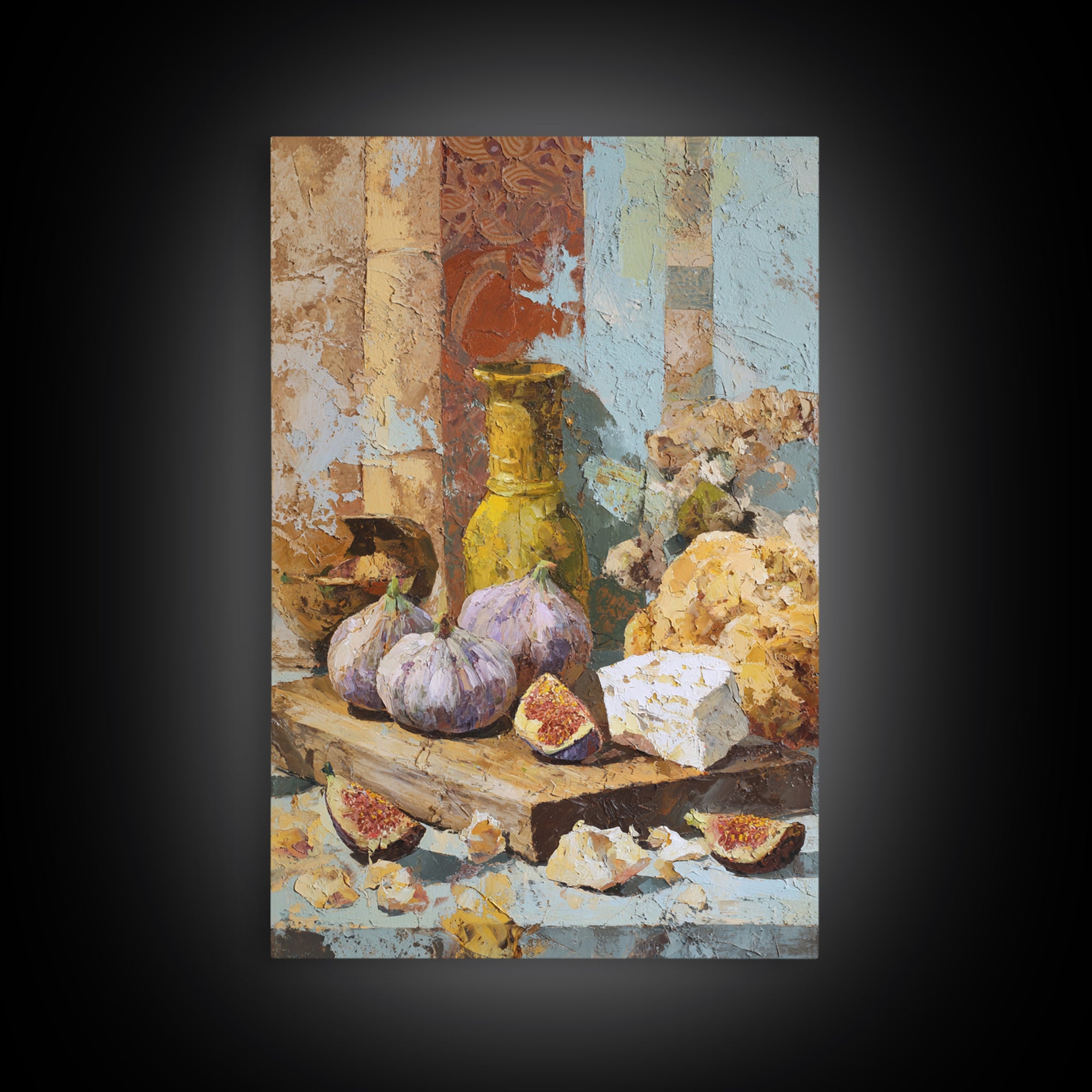 Figs and Cheese on Rustic Wooden Board Framed Canvas Print, Italian Villa Art, Modern Decor, Living Room Decor, Abstract Art, IVA-2x3-41