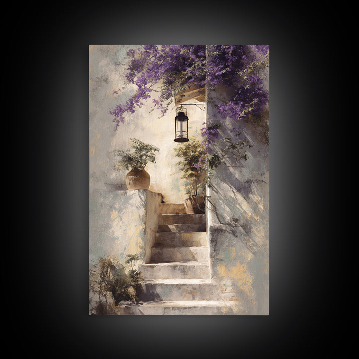 Sunlit Stone Stairway Framed Canvas Print, Italian Villa Art, Gallery Wall Set, Living Room Decor, Villa, Modern Decor, IVA-2x3-43