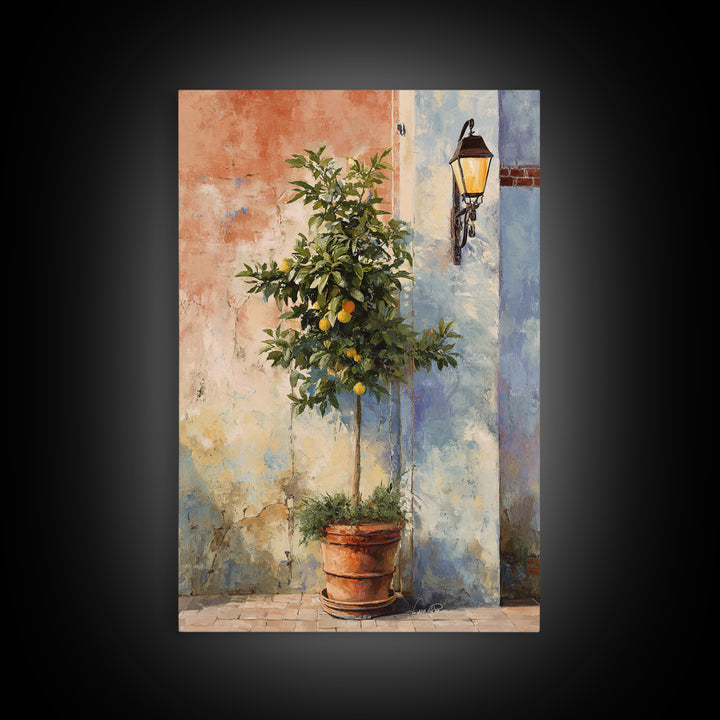 Orange Tree in a Courtyard Planter Framed Canvas Print, Italian Villa Art, Home Decor, Living Room Decor, Fine Art, Villa, IVA-2x3-46