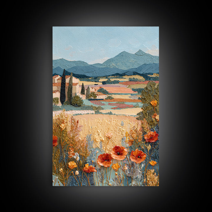 Tuscan Poppy Field Framed Canvas Print, Italian Villa Art, Travel Poster, Living Room Decor, Abstract Art, Villa, IVA-2x3-47