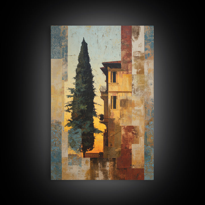 Cypress Silhouette at Sunset Framed Canvas Print, Italian Villa Art, Boho Decor, Living Room Decor, Oil Painting, Villa, IVA-2x3-53