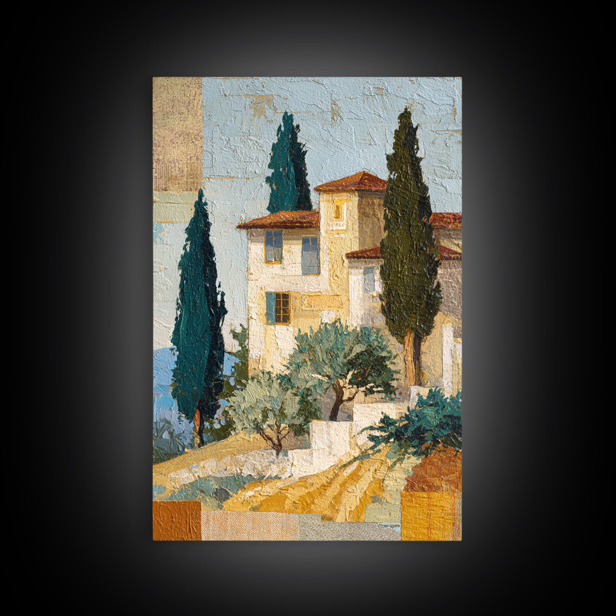 Tuscan Hillside with Cypress Trees and Golden Canvas Print, Italian Villa Art, Minimalist Decor, Living Room Decor, IVA-2x3-57