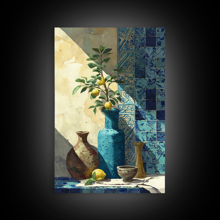 Lemon Branch in Blue Ceramic Vase Canvas Print, Italian Villa Art, Luxury Decor, Living Room Decor, Villa, Framed Wall Art, IVA-2x3-58