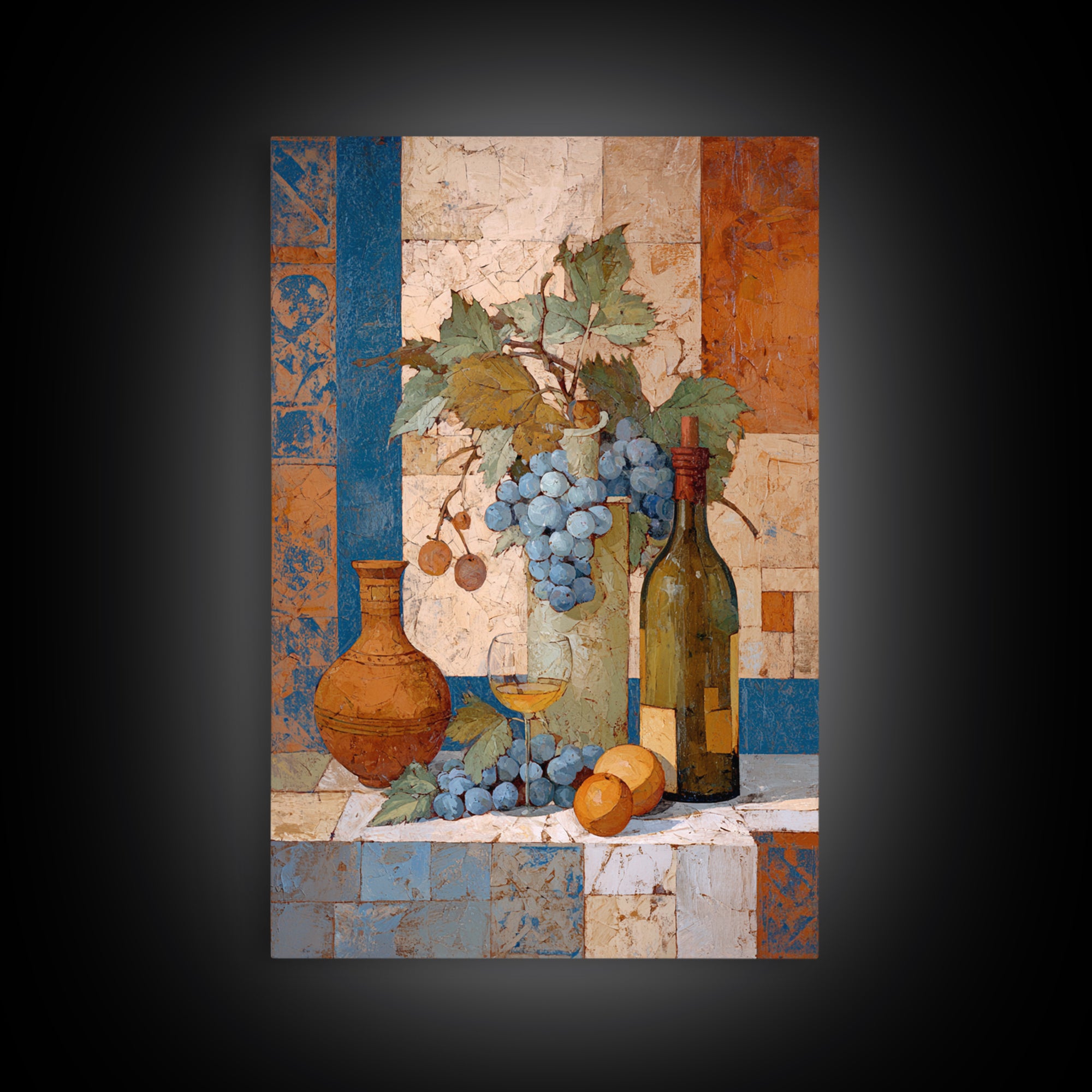 Grapevine and Wine Still Life on Linen Framed Canvas Print, Italian Villa Art, Digital Art Print, Living Room Decor, IVA-2x3-63