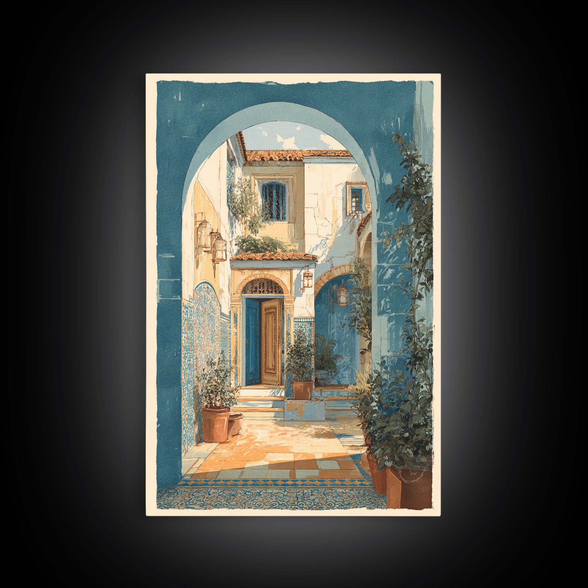 Mediterranean Arch Framing Blue Sea Framed Canvas Print, Italian Villa Art, Gallery Wall Set, Living Room Decor, Villa, IVA-2x3-64