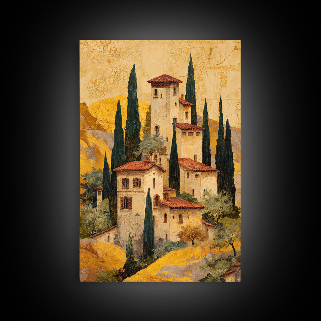 Tuscan Hillside with Cypress Trees and Golden Canvas Print, Italian Villa Art, Minimalist Decor, Living Room Decor, IVA-2x3-81