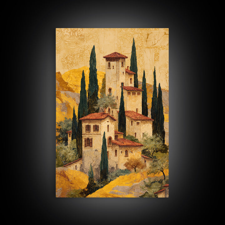 Tuscan Hillside with Cypress Trees and Golden Canvas Print, Italian Villa Art, Minimalist Decor, Living Room Decor, IVA-2x3-81