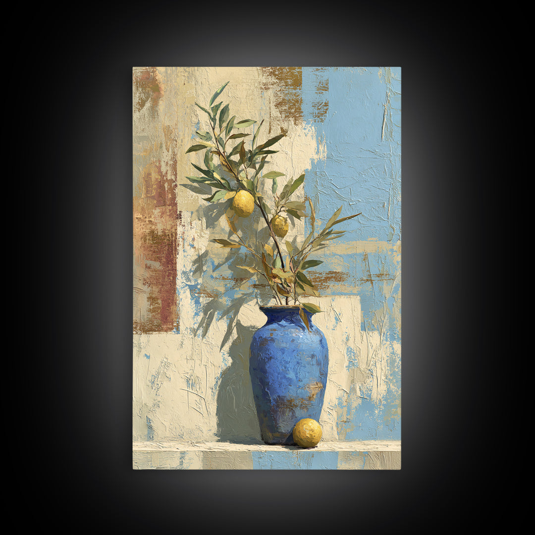 Lemon Branch in Blue Ceramic Vase Canvas Print, Italian Villa Art, Luxury Decor, Living Room Decor, Villa, Framed Wall Art, IVA-2x3-82