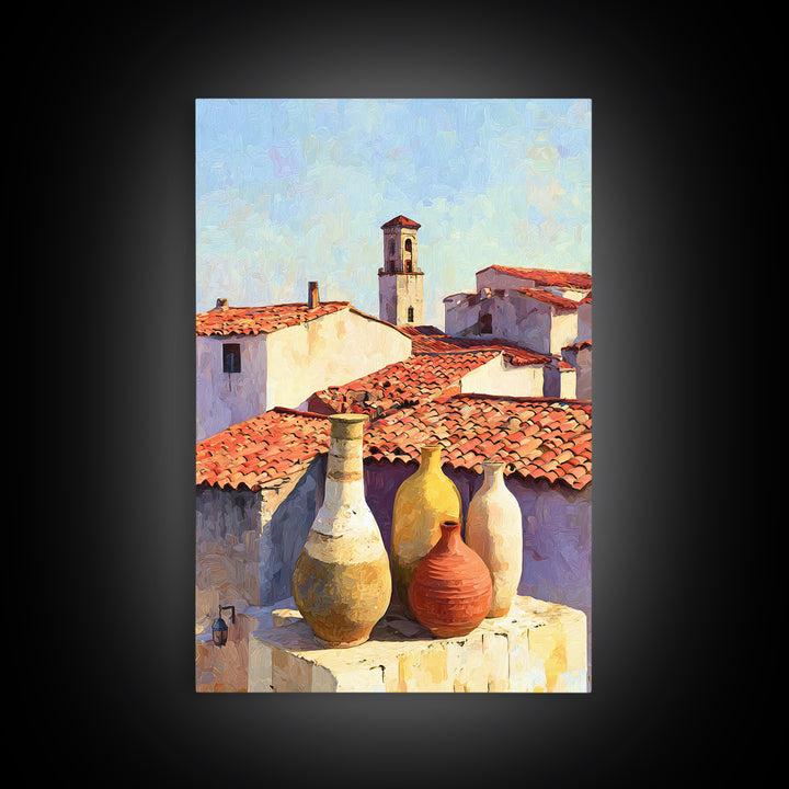 Terracotta Rooftops Against Pale Sky Framed Canvas Print, Italian Villa Art, Digital Wall Art, Living Room Decor, Villa, IVA-2x3-84