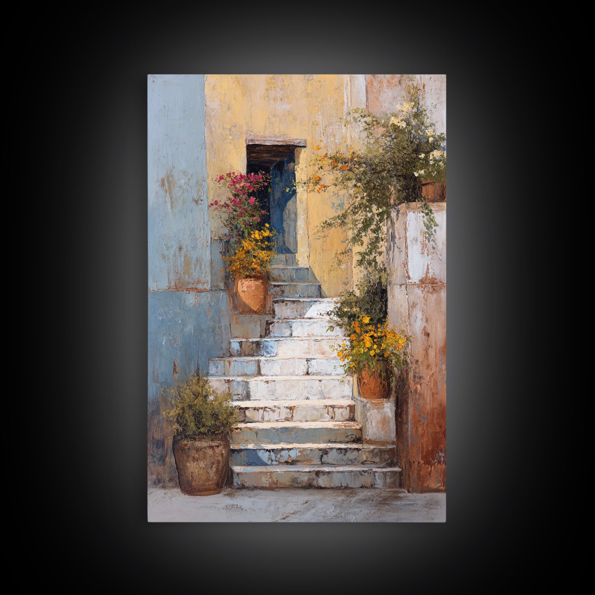 Sunlit Stone Stairway Canvas Print, Italian Villa Art, Luxury Decor, Living Room Decor, Fine Art, Villa, Framed Wall Art, IVA-2x3-91