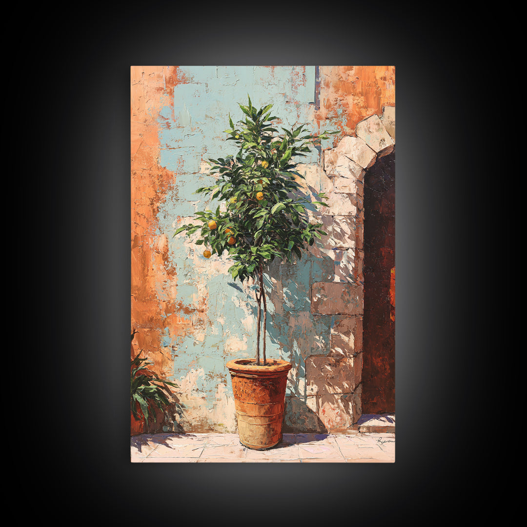 Orange Tree in a Courtyard Planter Framed Canvas Print, Italian Villa Art, Textured Painting, Living Room Decor, Villa, IVA-2x3-94