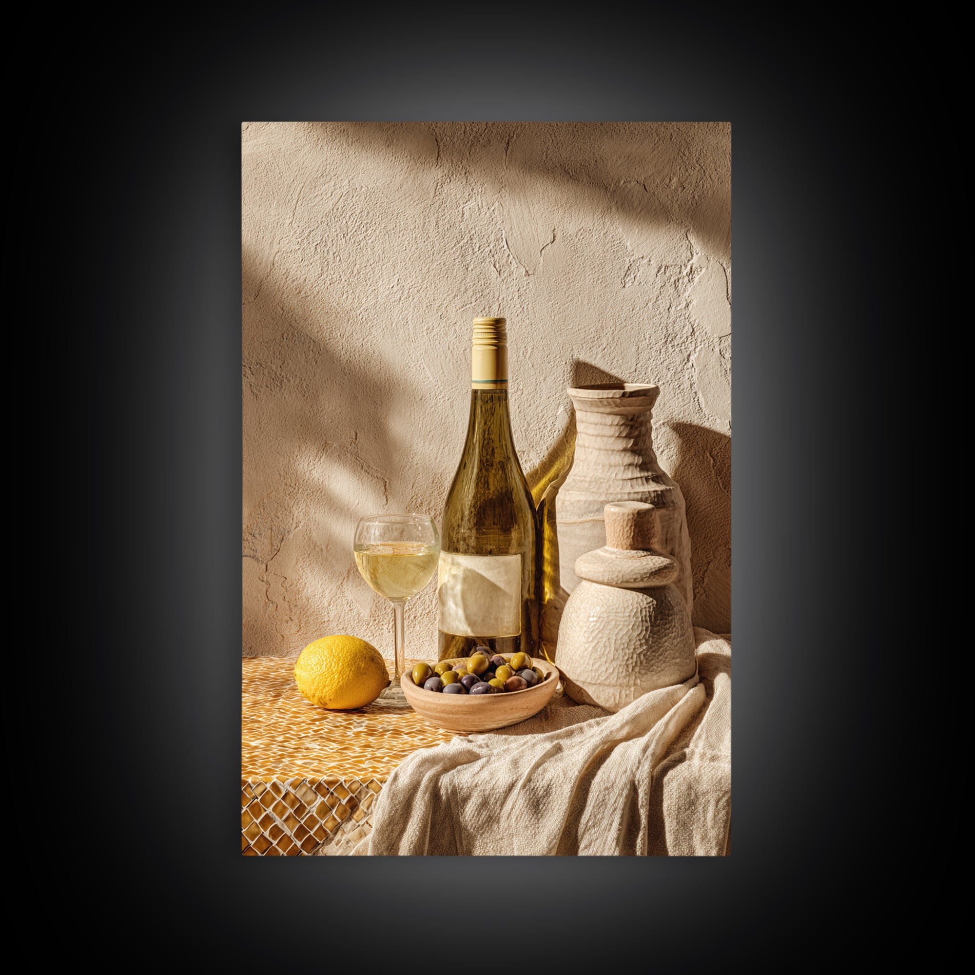 White Wine and Olives Still Life Canvas Print, Italian Villa Art, Fine Art Print, Living Room Decor, Fine Art, Villa, IVA-2x3-96