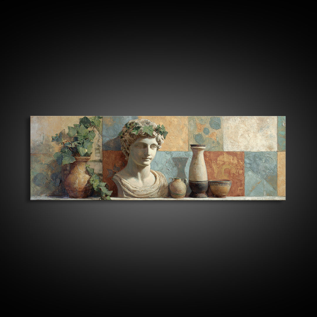 Classic Roman Statue Bust Canvas Print, Italian Villa Art, Landscape Art, Living Room Decor, Abstract Art, Villa, IVA-3x1-100