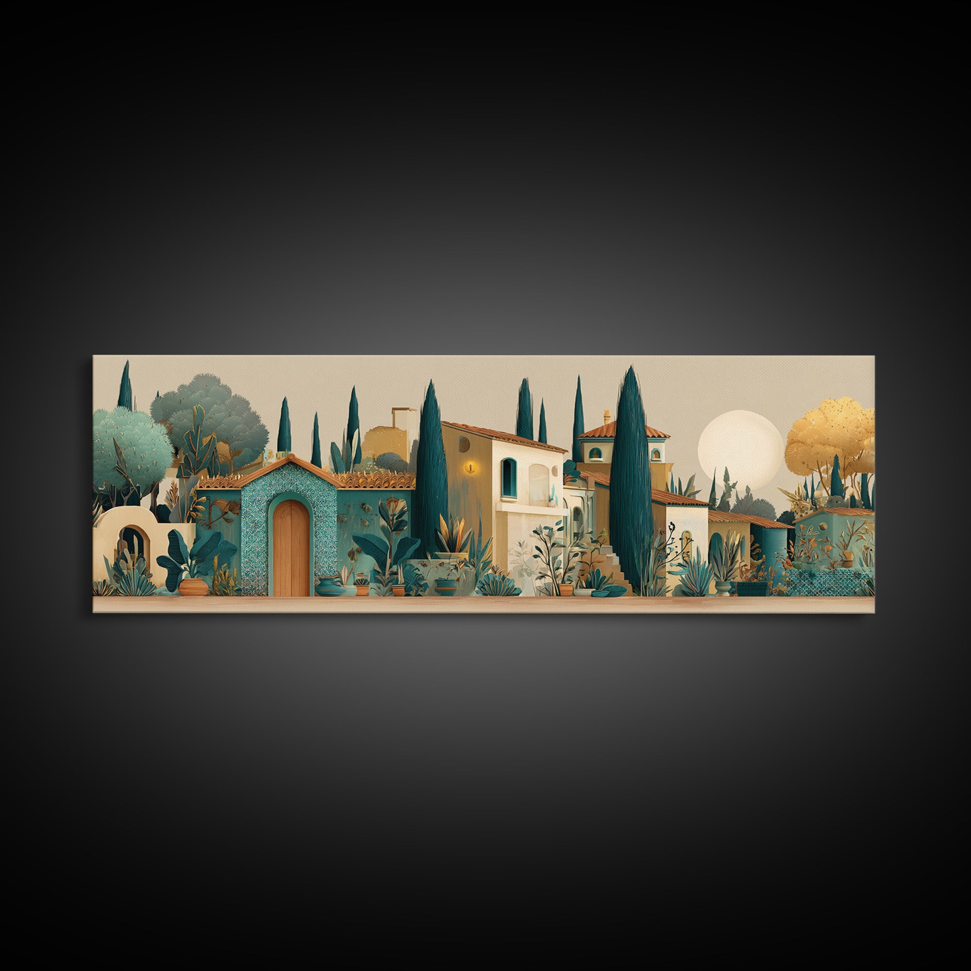 Tuscan Hillside with Cypress Trees and Golden Canvas Print, Italian Villa Art, Digital Wall Art, Living Room Decor, Villa, IVA-3x1-17