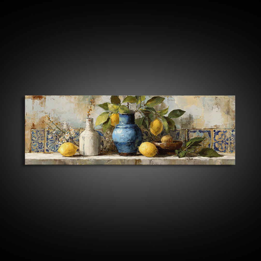 Lemon Branch in Blue Ceramic Vase Framed Canvas Print, Italian Villa Art, Living Room Decor, Watercolor Art, Villa, IVA-3x1-18
