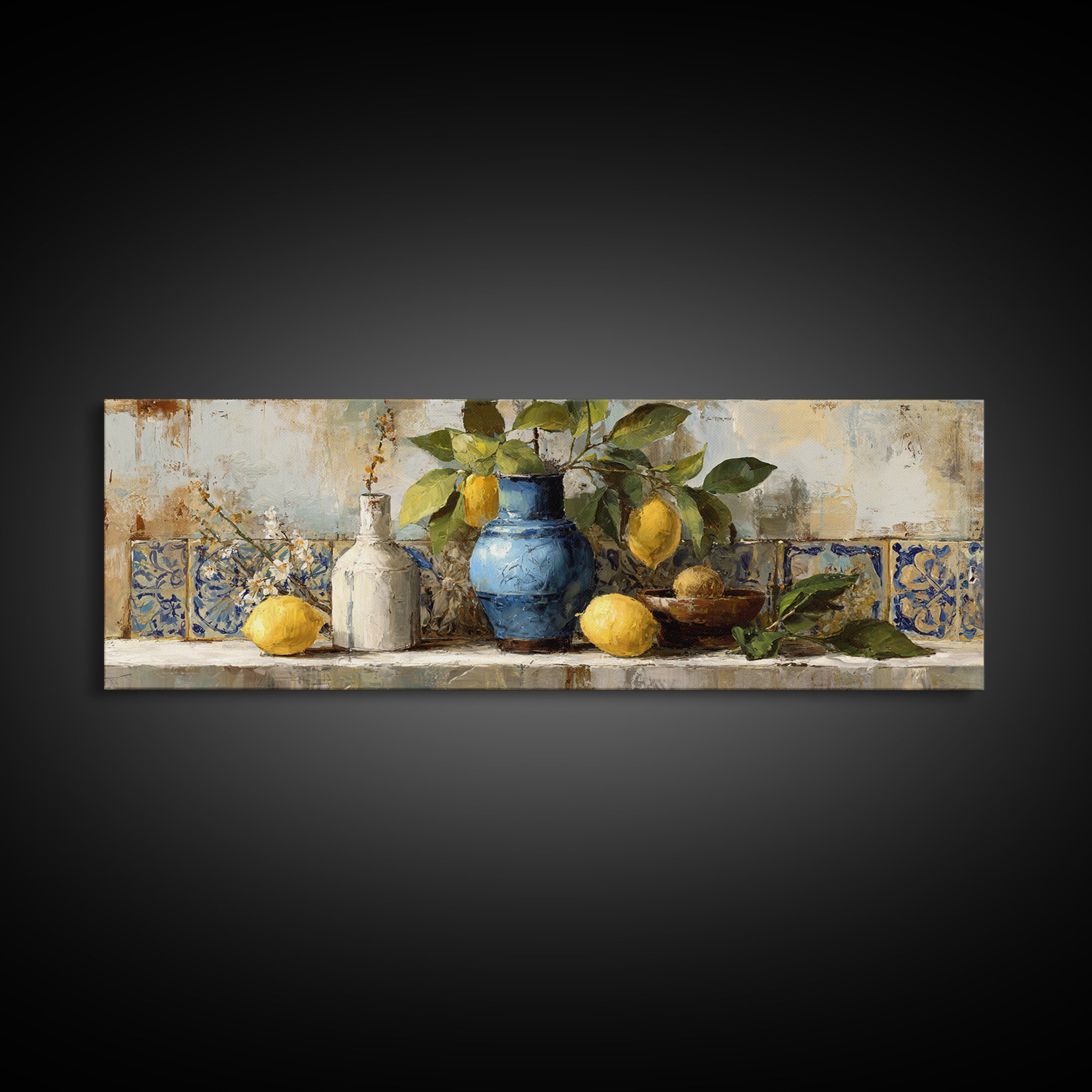 Lemon Branch in Blue Ceramic Vase Framed Canvas Print, Italian Villa Art, Living Room Decor, Watercolor Art, Villa, IVA-3x1-18