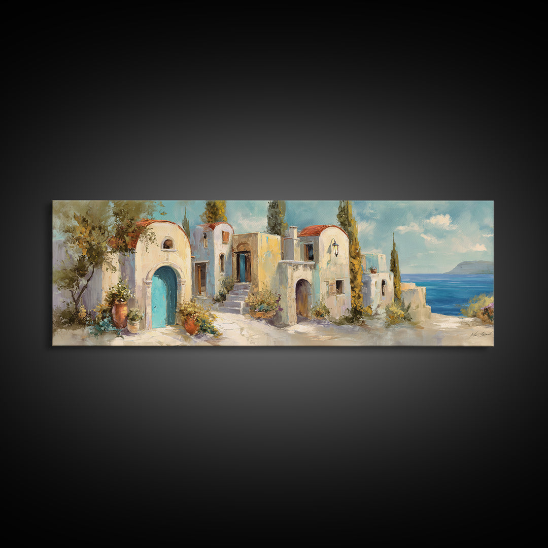 Mediterranean Arch Framing Blue Sea Canvas Print, Italian Villa Art, Rustic Home Decor, Living Room Decor, Fine Art, Villa, IVA-3x1-24