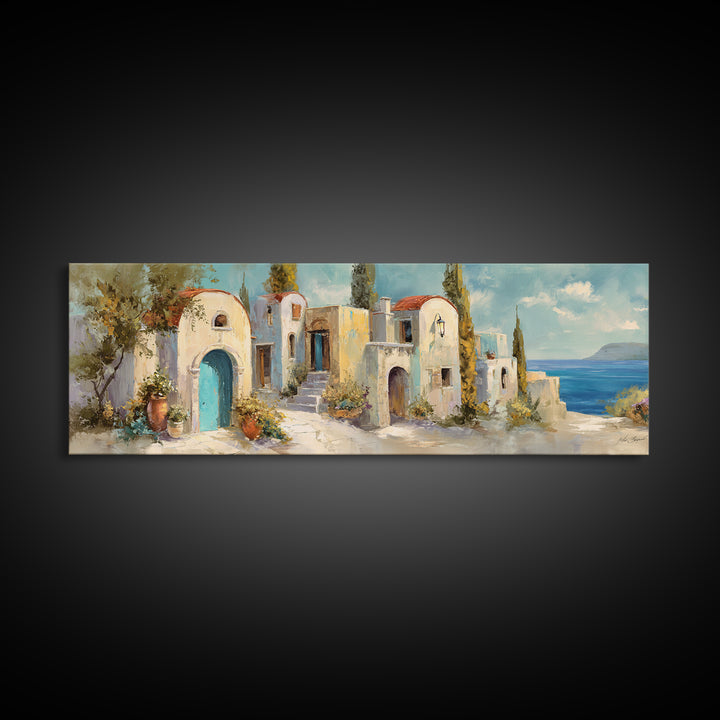 Mediterranean Arch Framing Blue Sea Canvas Print, Italian Villa Art, Rustic Home Decor, Living Room Decor, Fine Art, Villa, IVA-3x1-24