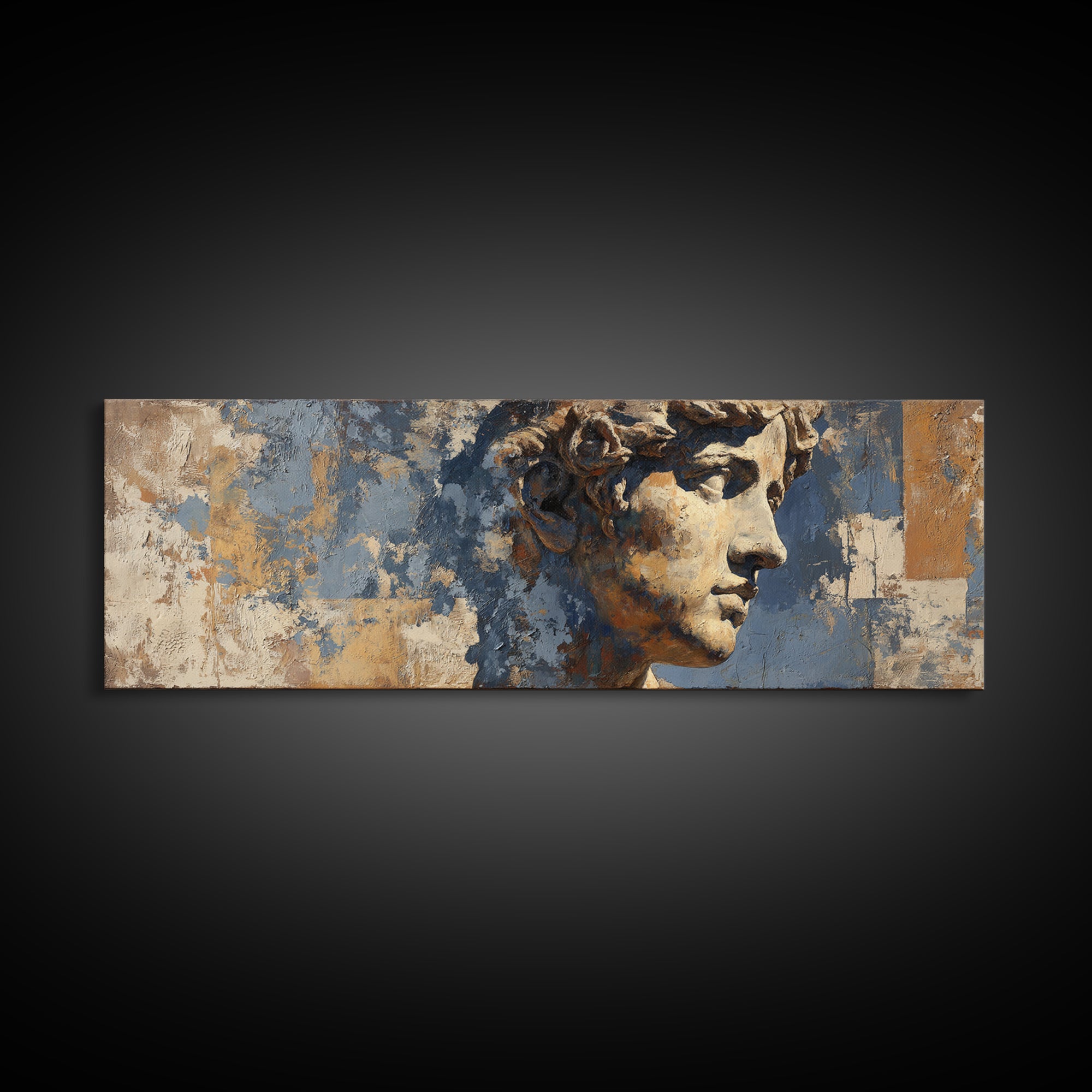 Classic Roman Statue Bust Framed Canvas Print, Italian Villa Art, Landscape Print, Living Room Decor, Oil Painting, Villa, IVA-3x1-28