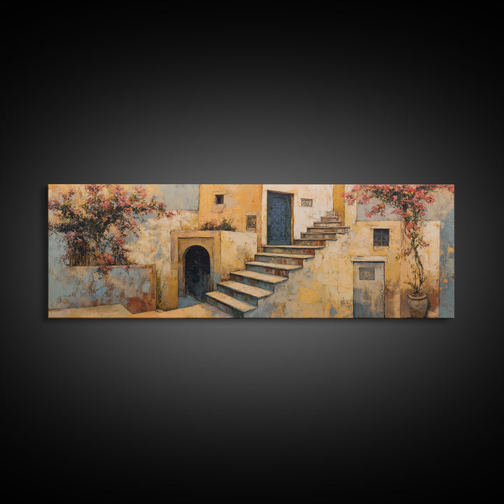 Sunlit Stone Stairway Canvas Print, Italian Villa Art, Rustic Home Decor, Living Room Decor, Fine Art, Villa, Boho Decor, IVA-3x1-3