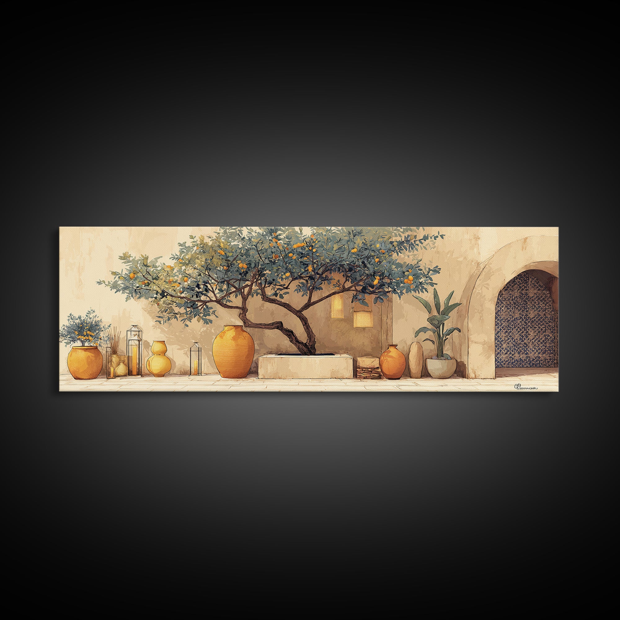 Orange Tree in a Courtyard Planter Canvas Print, Italian Villa Art, Statement Artwork, Living Room Decor, Fine Art, Villa, IVA-3x1-30