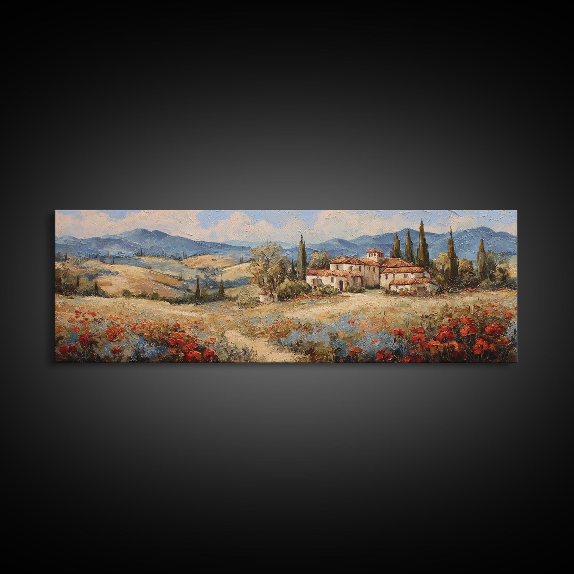 Tuscan Poppy Field Canvas Print, Italian Villa Art, Gallery Decor, Living Room Decor, Abstract Art, Villa, Minimalist Decor, IVA-3x1-31