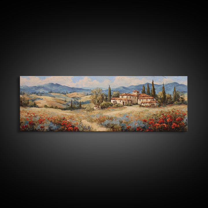 Tuscan Poppy Field Canvas Print, Italian Villa Art, Gallery Decor, Living Room Decor, Abstract Art, Villa, Minimalist Decor, IVA-3x1-31
