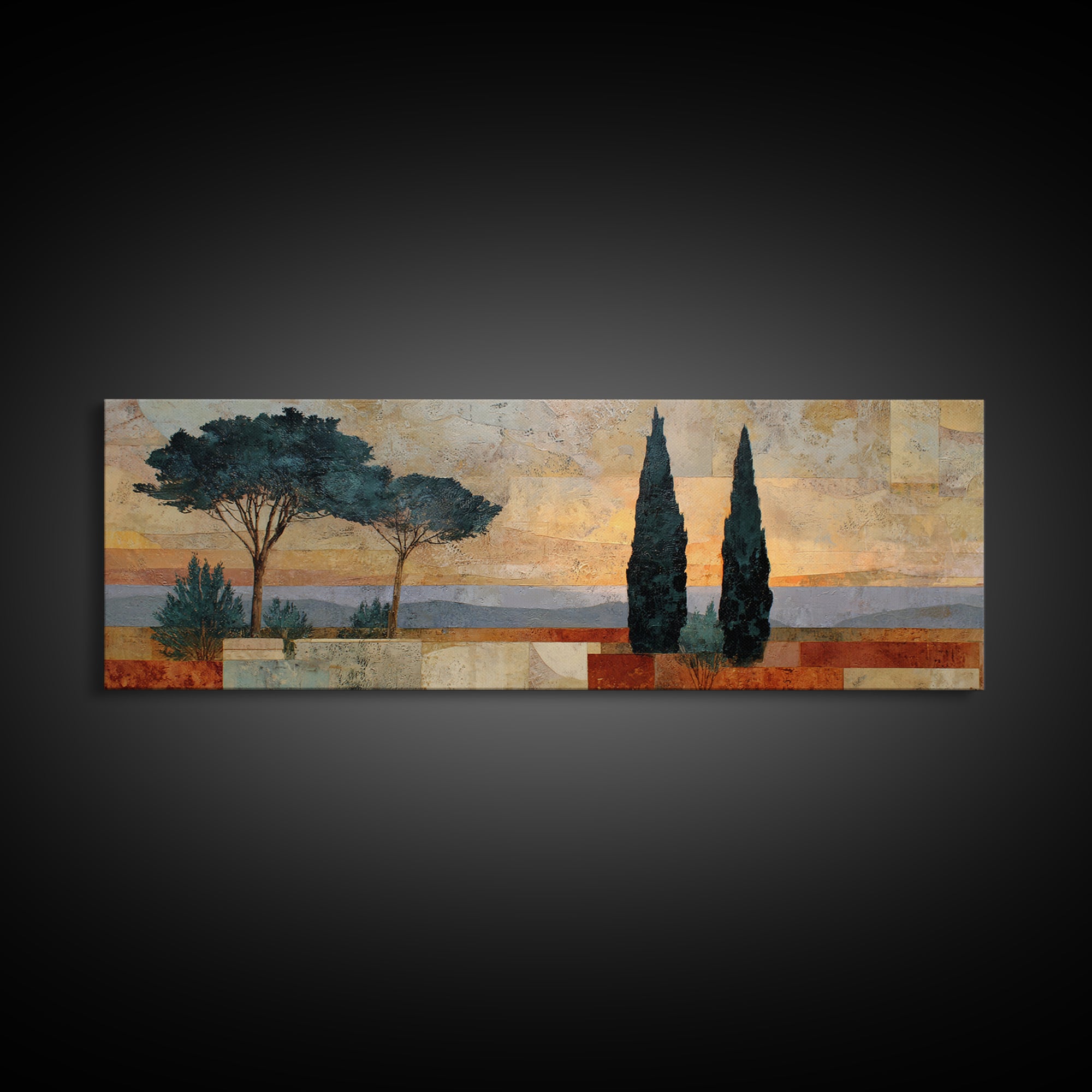 Cypress Silhouette at Sunset Framed Canvas Print, Italian Villa Art, Oil Painting, Living Room Decor, Watercolor Art, Villa, IVA-3x1-37