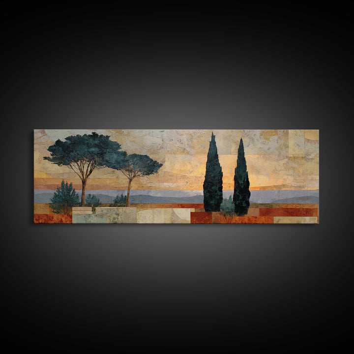 Cypress Silhouette at Sunset Framed Canvas Print, Italian Villa Art, Oil Painting, Living Room Decor, Watercolor Art, Villa, IVA-3x1-37