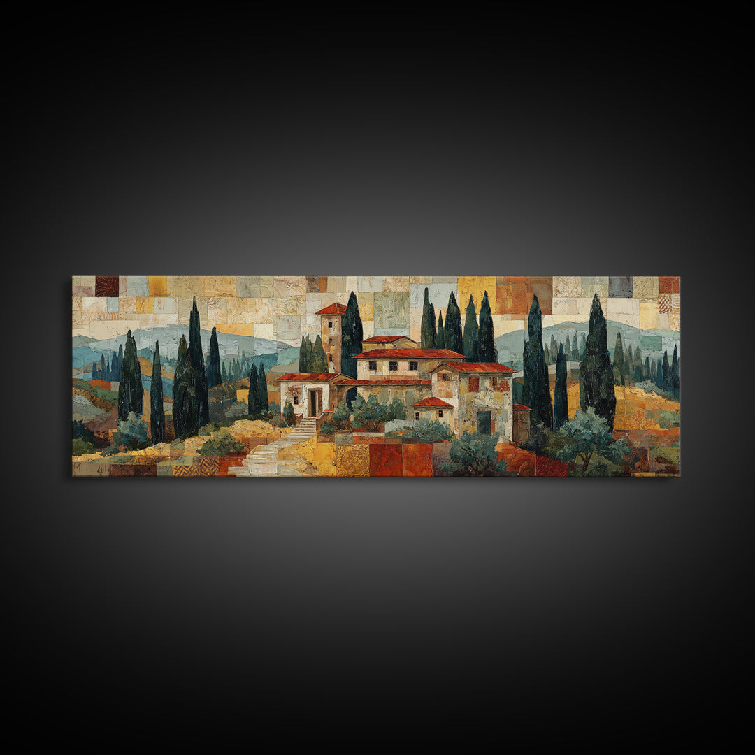Tuscan Hillside with Cypress Trees and Golden Canvas Print, Italian Villa Art, Living Room Wall Art, Living Room Decor, Villa, IVA-3x1-41
