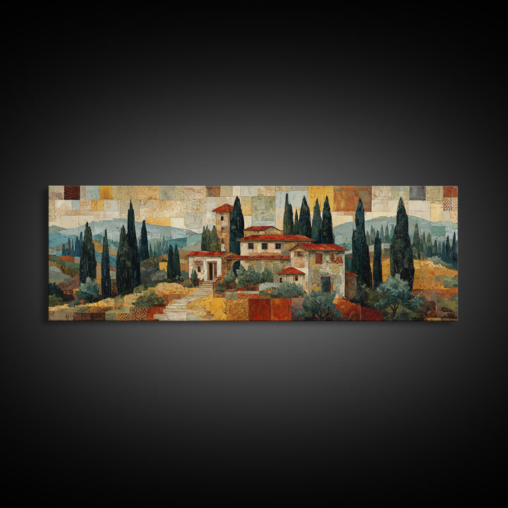 Tuscan Hillside with Cypress Trees and Golden Canvas Print, Italian Villa Art, Living Room Wall Art, Living Room Decor, Villa, IVA-3x1-41