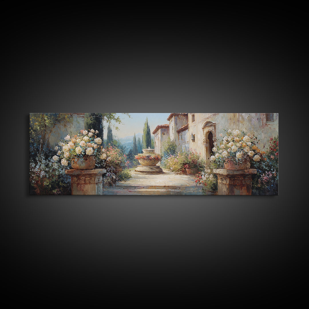 Italian Villa Garden Urn Canvas Print, Italian Villa Art, Framed Wall Art, Living Room Decor, Villa, Colorful Wall Art, IVA-3x1-46