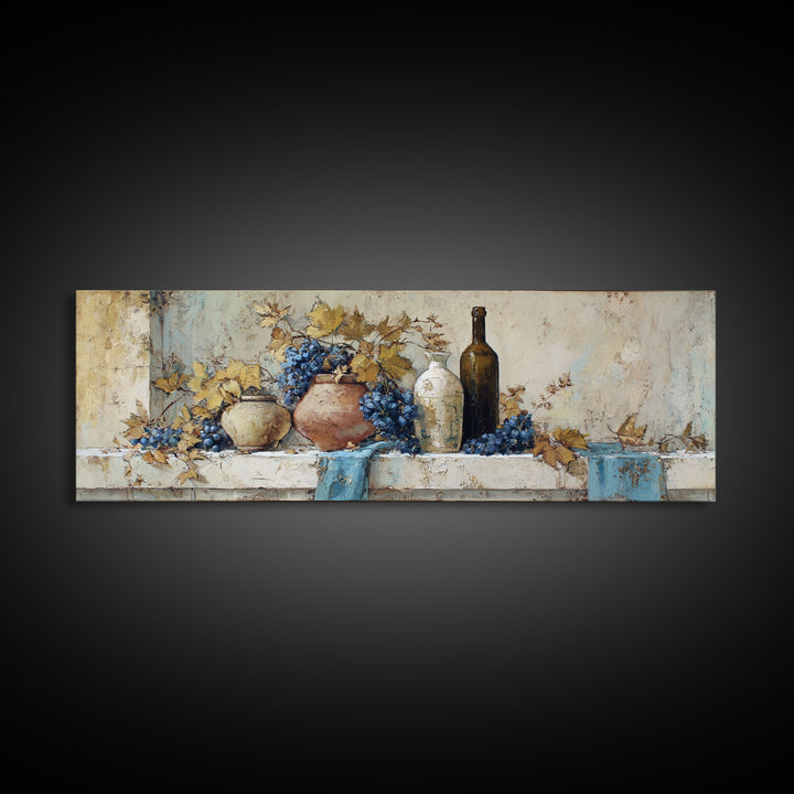 Grapevine and Wine Still Life on Linen Framed Canvas Print, Italian Villa Art, Room Decor, Living Room Decor, Fine Art, Villa, IVA-3x1-47