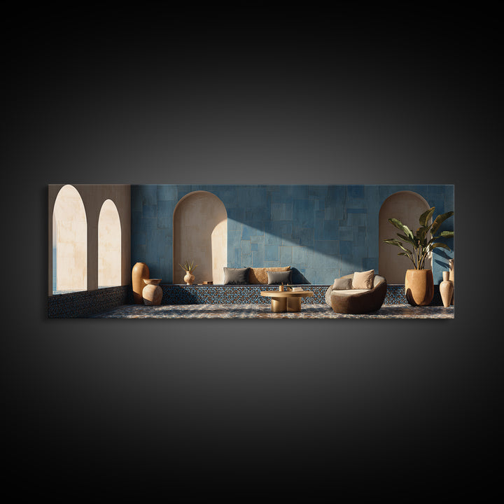 Mediterranean Arch Framing Blue Sea Canvas Print, Italian Villa Art, Statement Artwork, Living Room Decor, Fine Art, Villa, IVA-3x1-48