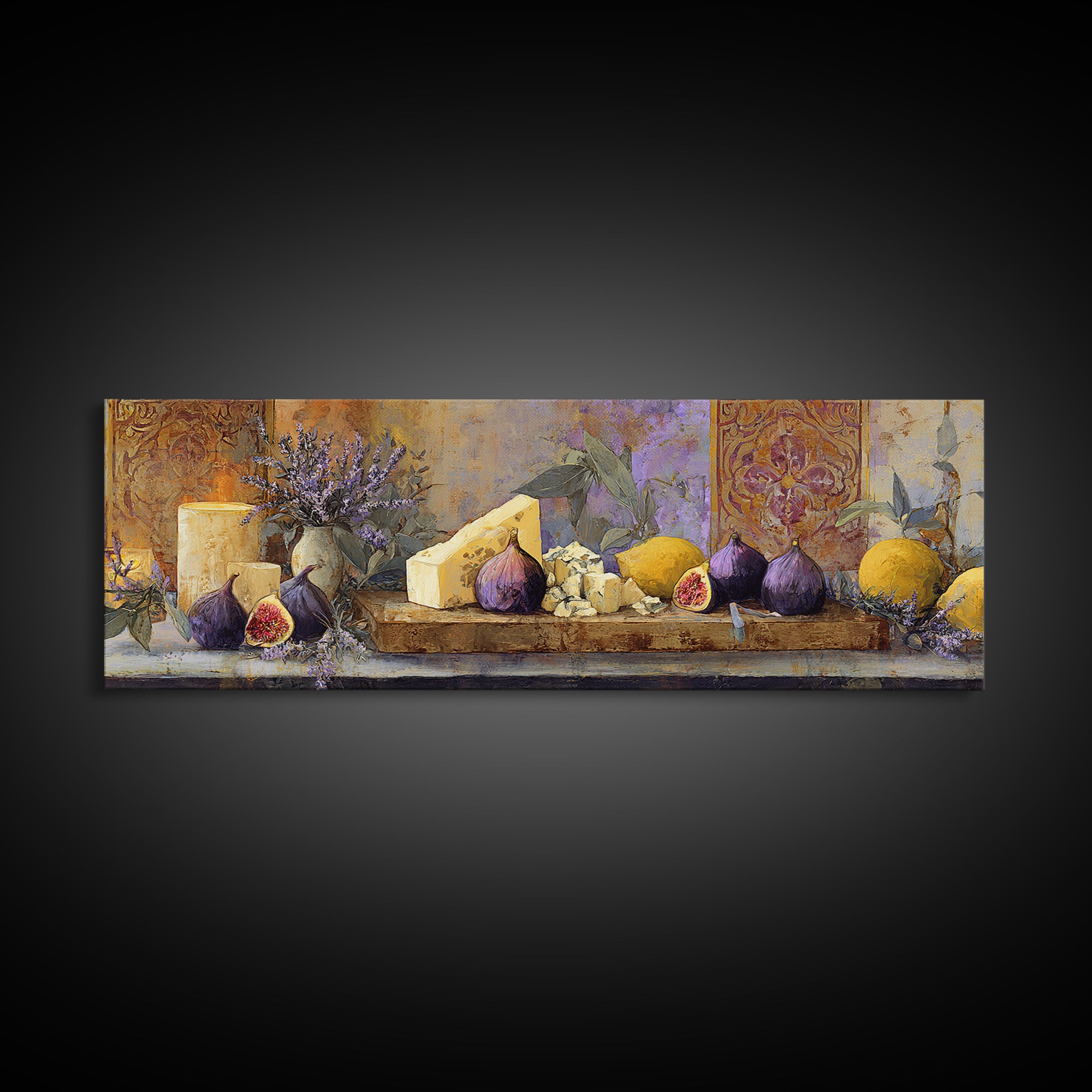 Figs and Cheese on Rustic Wooden Board Canvas Print, Italian Villa Art, Framed Wall Art, Living Room Decor, Abstract Art, Villa, IVA-3x1-49
