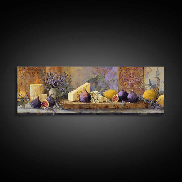 Figs and Cheese on Rustic Wooden Board Canvas Print, Italian Villa Art, Framed Wall Art, Living Room Decor, Abstract Art, Villa, IVA-3x1-49