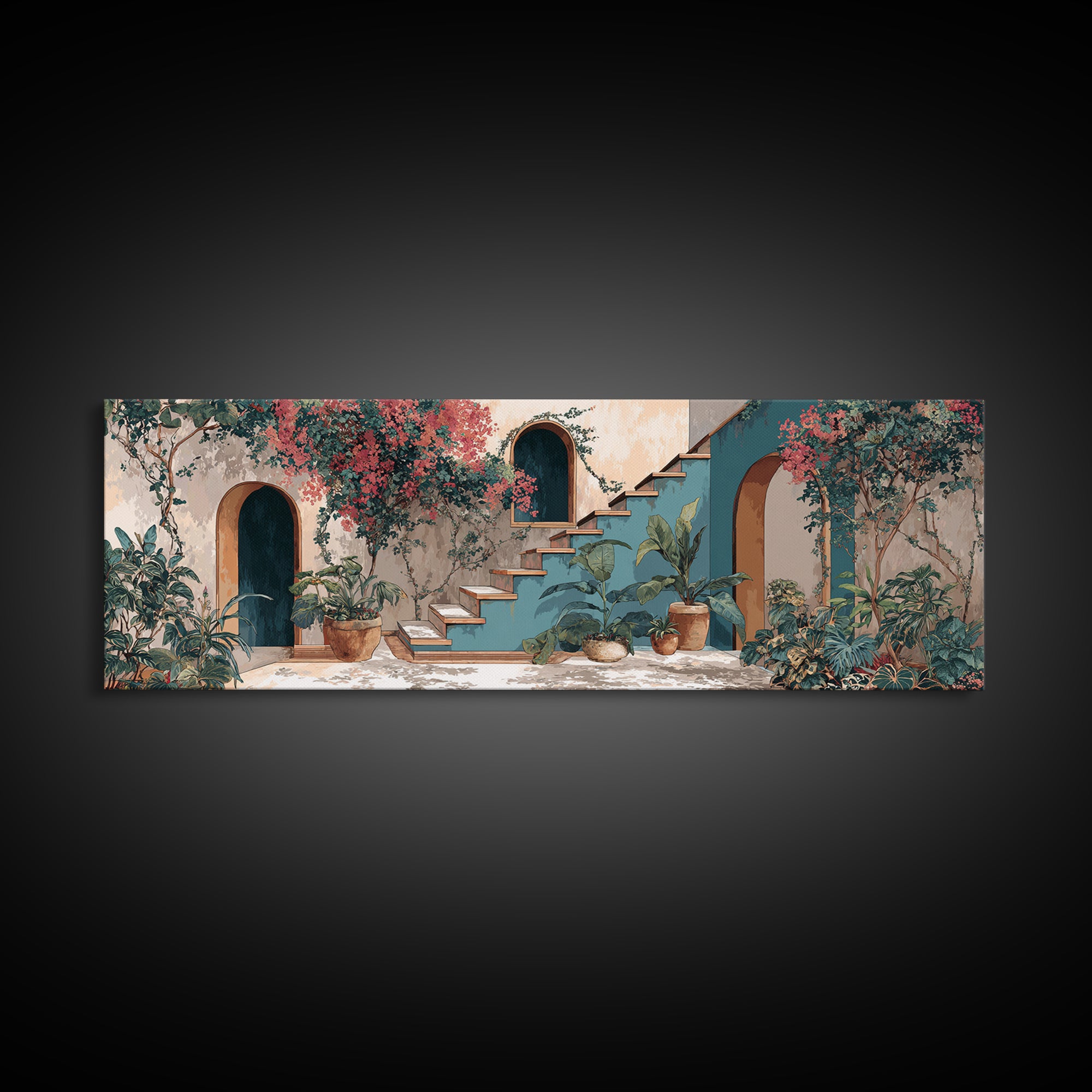 Sunlit Stone Stairway Framed Canvas Print, Italian Villa Art, Textured Painting, Living Room Decor, Villa, Bedroom Wall Art, IVA-3x1-51