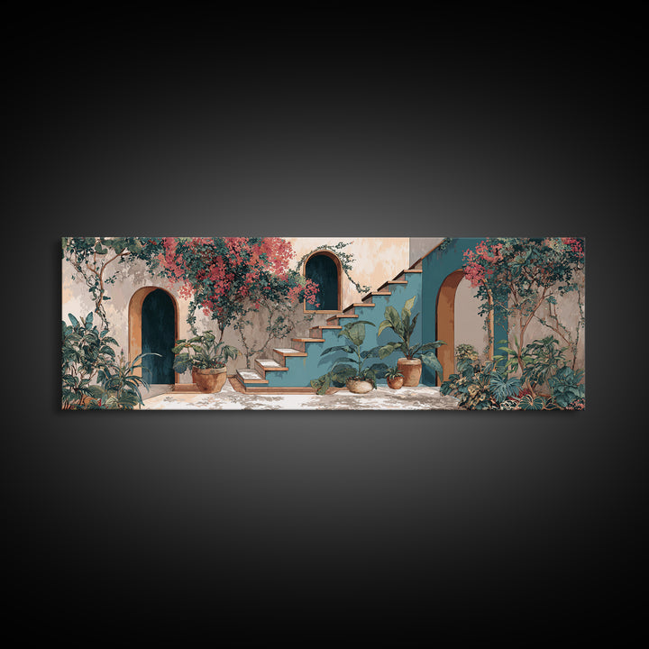 Sunlit Stone Stairway Framed Canvas Print, Italian Villa Art, Textured Painting, Living Room Decor, Villa, Bedroom Wall Art, IVA-3x1-51