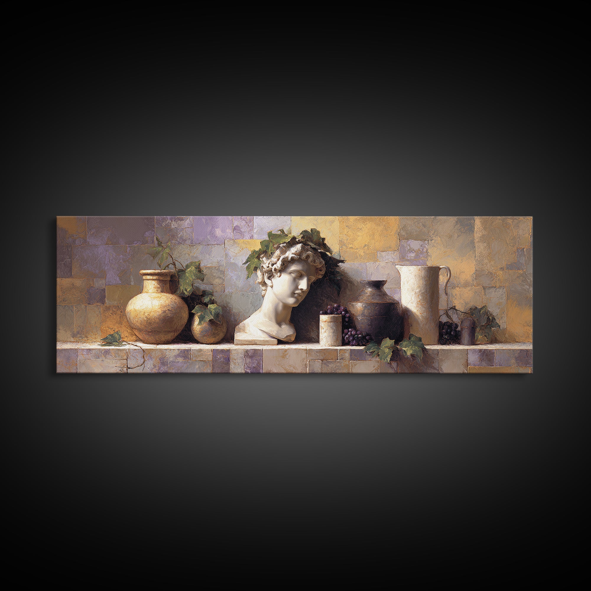 Classic Roman Statue Bust Framed Canvas Print, Italian Villa Art, Boho Decor, Living Room Decor, Abstract Art, Villa, IVA-3x1-52