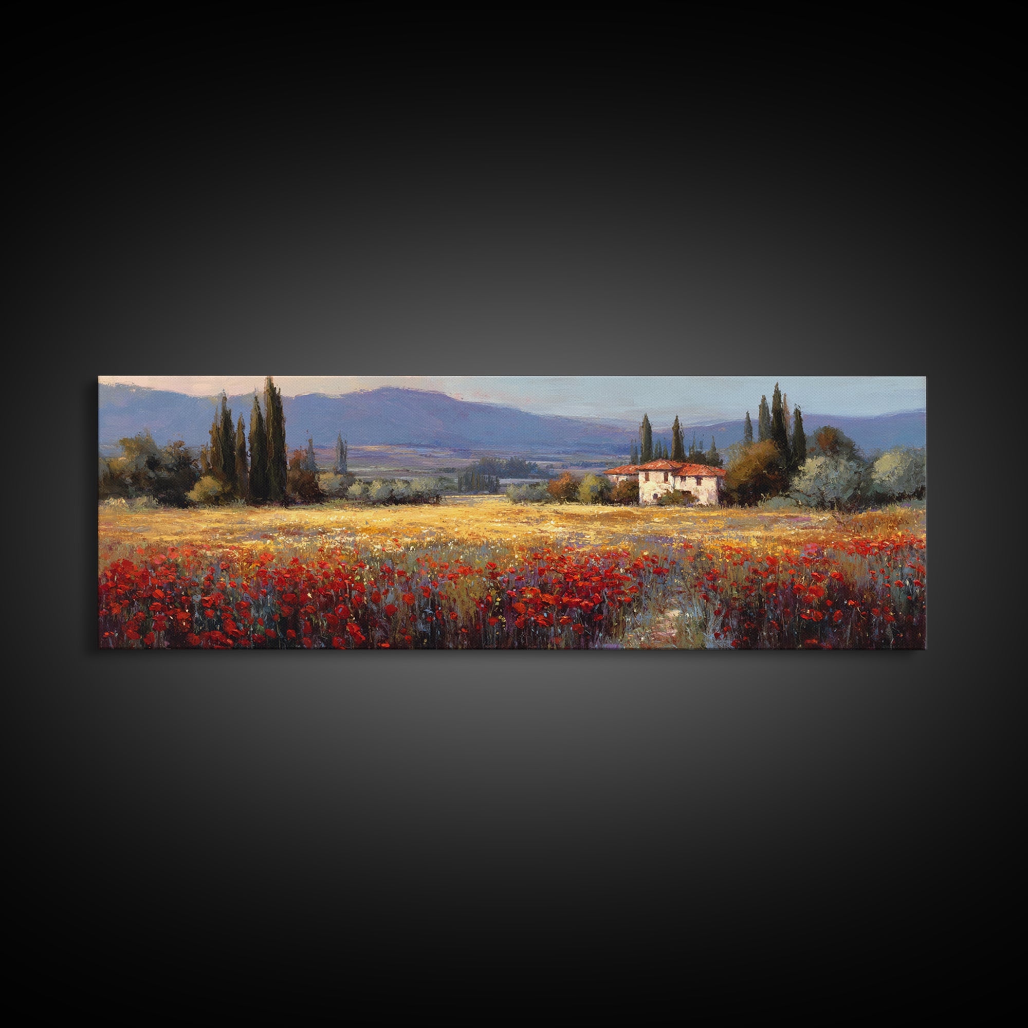 Tuscan Poppy Field Framed Canvas Print, Italian Villa Art, Boho Decor, Living Room Decor, Fine Art, Villa, Digital Wall Art, IVA-3x1-55