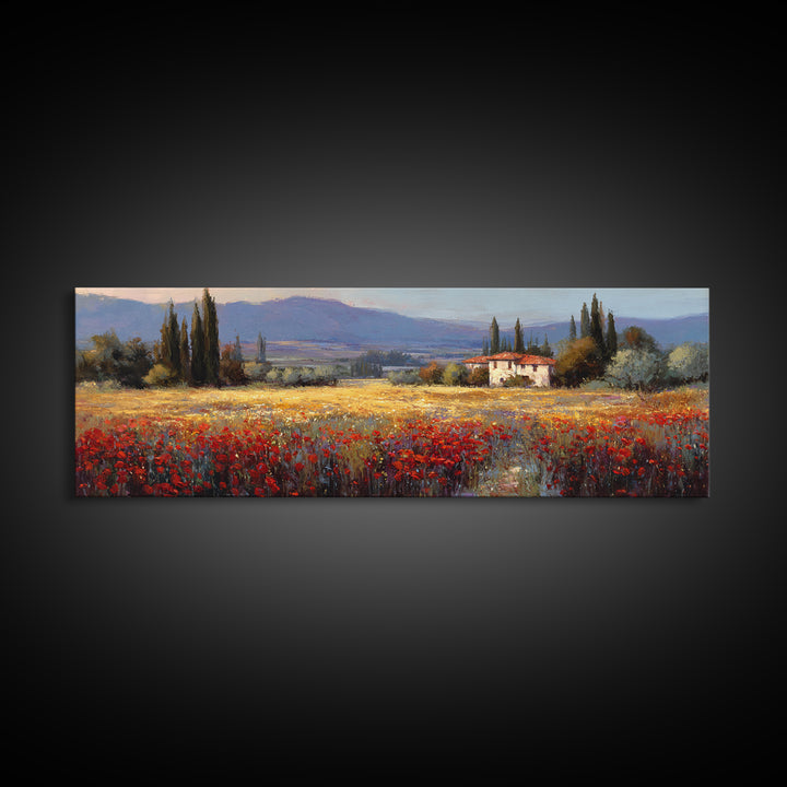 Tuscan Poppy Field Framed Canvas Print, Italian Villa Art, Boho Decor, Living Room Decor, Fine Art, Villa, Digital Wall Art, IVA-3x1-55