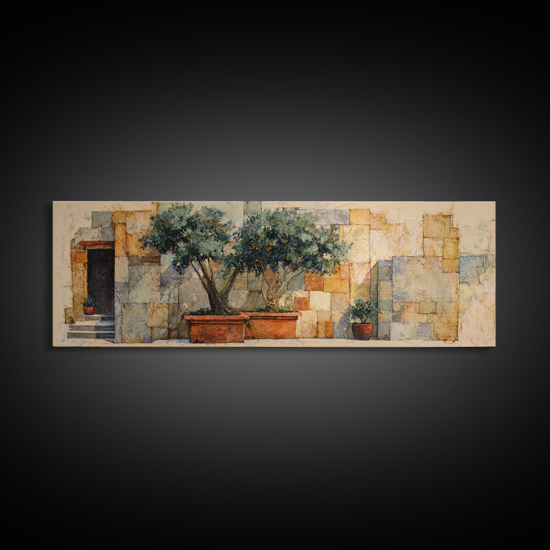 Orange Tree in a Courtyard Planter Canvas Print, Italian Villa Art, Coastal Decor, Living Room Decor, Fine Art, Villa, IVA-3x1-6