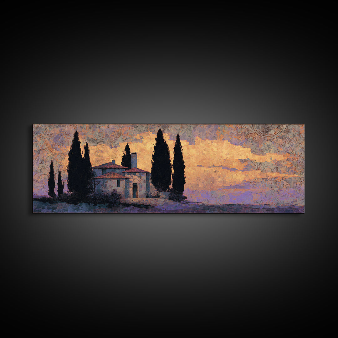 Cypress Silhouette at Sunset Canvas Print, Italian Villa Art, Living Room Decor, Oil Painting, Villa, Living Room Art, IVA-3x1-61